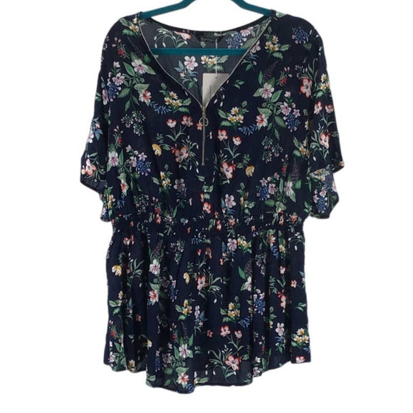 BLOOMCHIC 22-24 3X plus navy blue floral zipper elastic waist top blouse NWT B50 - Picture 2 of 8